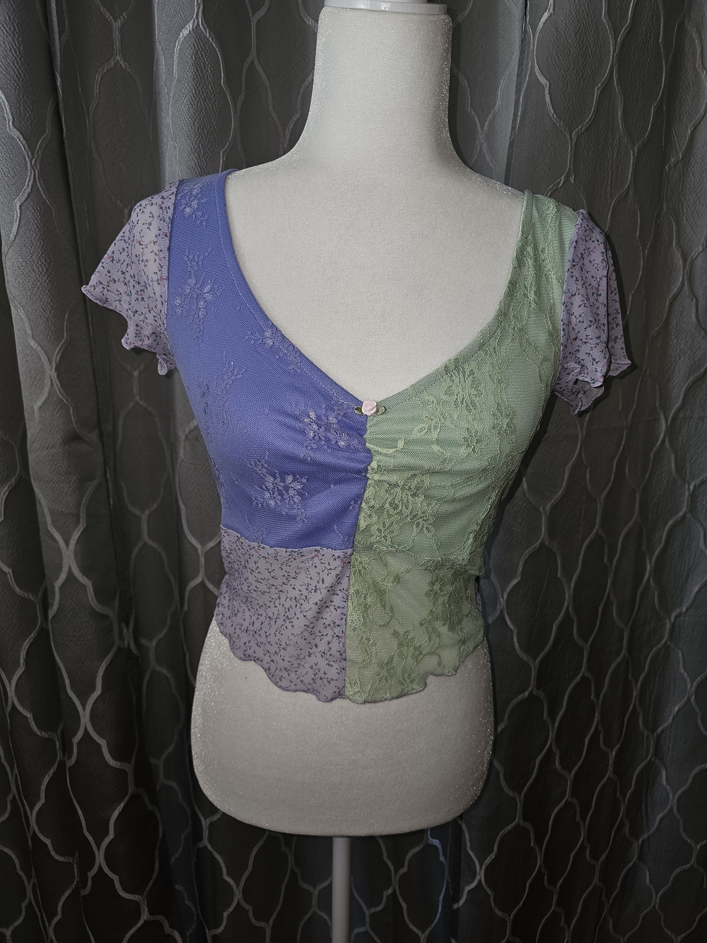 Two-Tone Lavender and Sage Lace Patchwork Crop Top